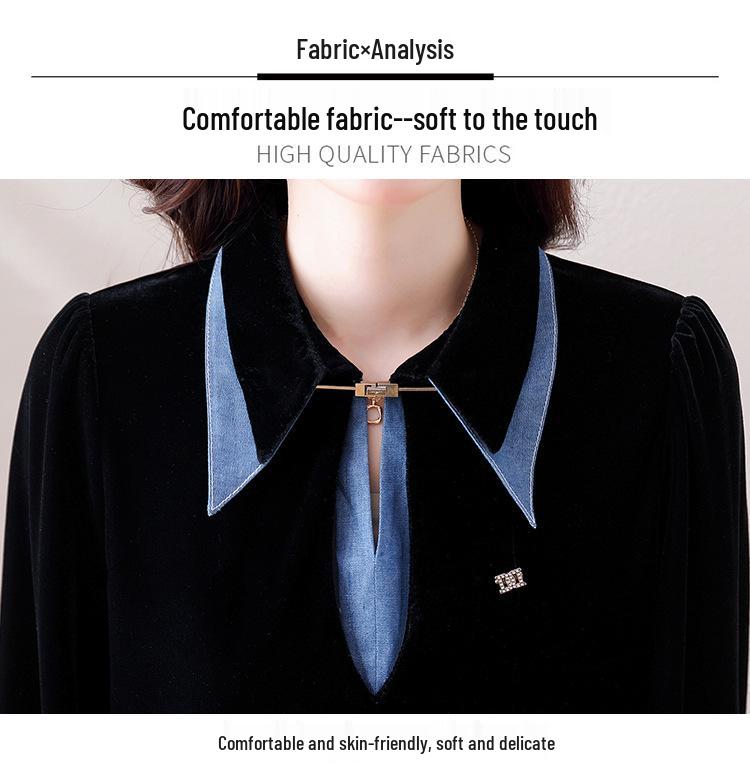 Women's Velvet Long Sleeve Denim Patchwork Two-Piece Shirt - Early Autumn 2023 Trend.