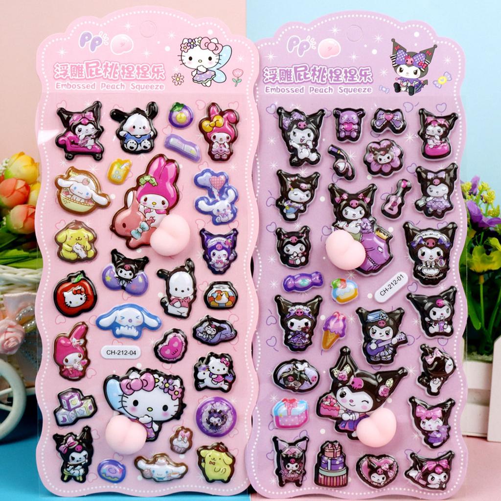 4/6 Pcs Cute Sanrio Butt Stickers My Melody Kuromi Cinnamoroll 3D Relief Sticker Kawaii Stress Relief Puffy Squishy Decals