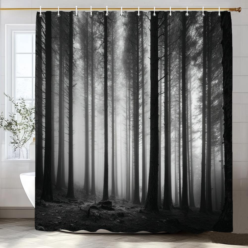 Schwarzer Baum Duschvorhang, Schwarzer Nebelwald Badezimmer Dekorativer Duschvorhang, Hängender Vorhang 12 Haken Maschinenwaschbar