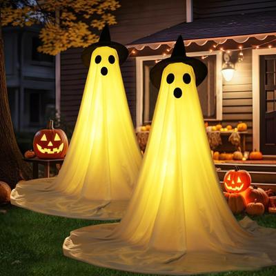 55" Solar Ghost Light for Halloween Outdoor Decoration Waterproof Light Up Standing White Ghost with Witch Hat for Front Porch Yard Gardens Tree Lawn