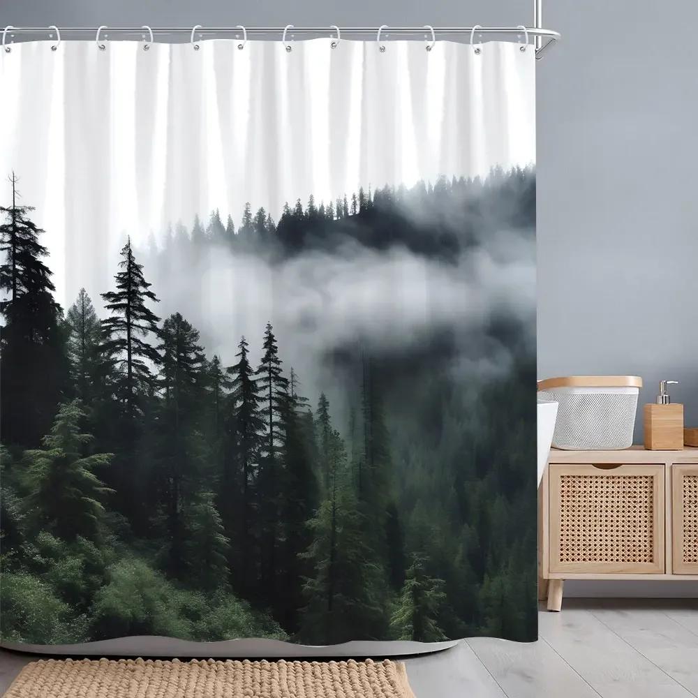 Misty Forest Shower Curtain Woods Birds Watercolour Art Creative Polyester Fabric Shower Curtains Bathroom Decoration With Hooks
