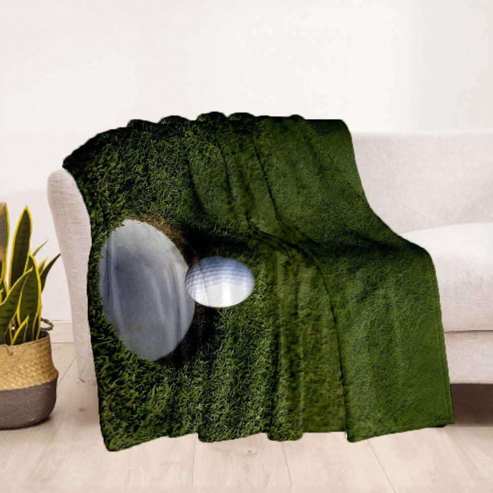 Golf Ball in Hole on Green Grass - Sports Photography PrintBlanket Flannel Throw Blanket for Sofa, Bed, Travel, Camping, Office, Couch, Chai