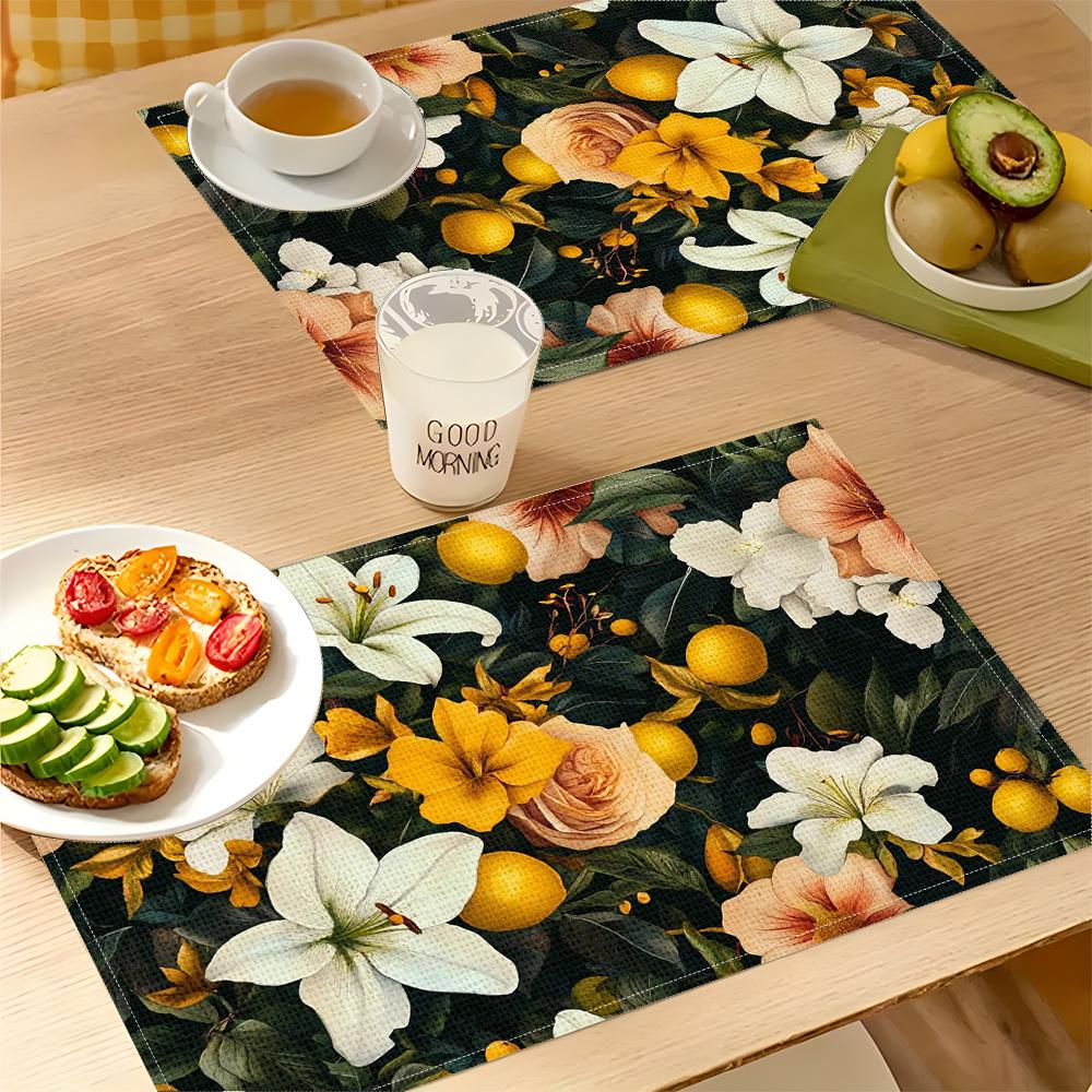 4pcs 2D FLAT Digital Print Placemats, Floral Lemon Combination Pattern Printed Placemats, To Make Your Dining Room More Beautiful, Perfect for Coffee