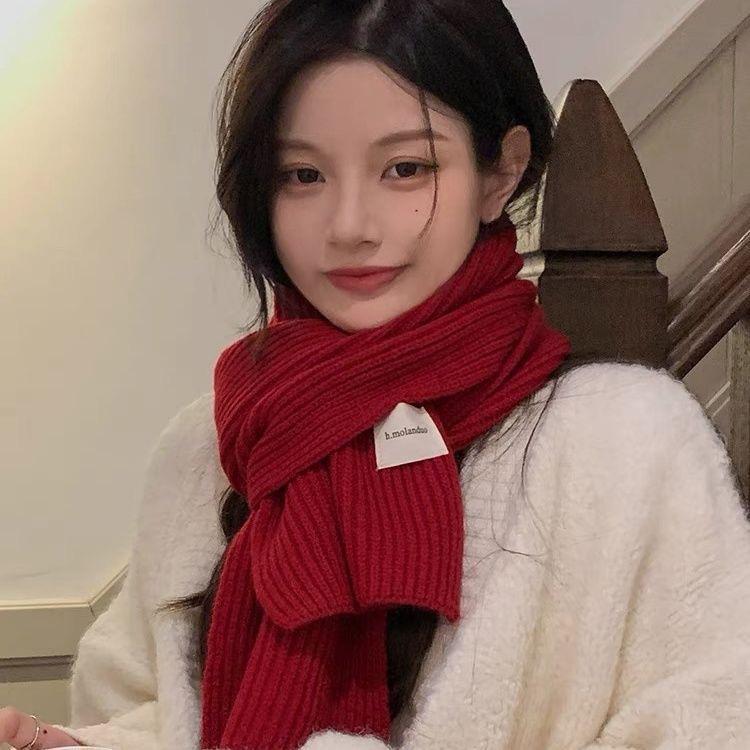 New All-match Soft Arctic Velvet Scarf for Female Students in Winter Thickened Red Warm Knitted Couple Scarf