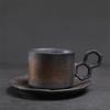 Handcrafted Ceramic Coffee Cup and Saucer Set 7.4 Oz Mug with Unique Handle Rustic Glazed Finish Modern Design for Espresso Tea
