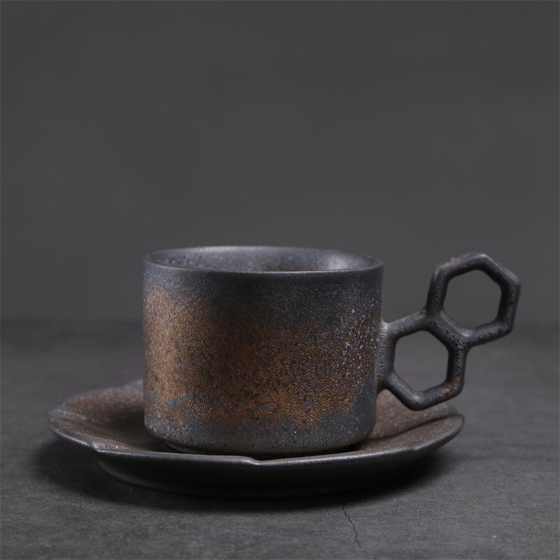 Handcrafted Ceramic Coffee Cup and Saucer Set 7.4 Oz Mug with Unique Handle Rustic Glazed Finish Modern Design for Espresso Tea
