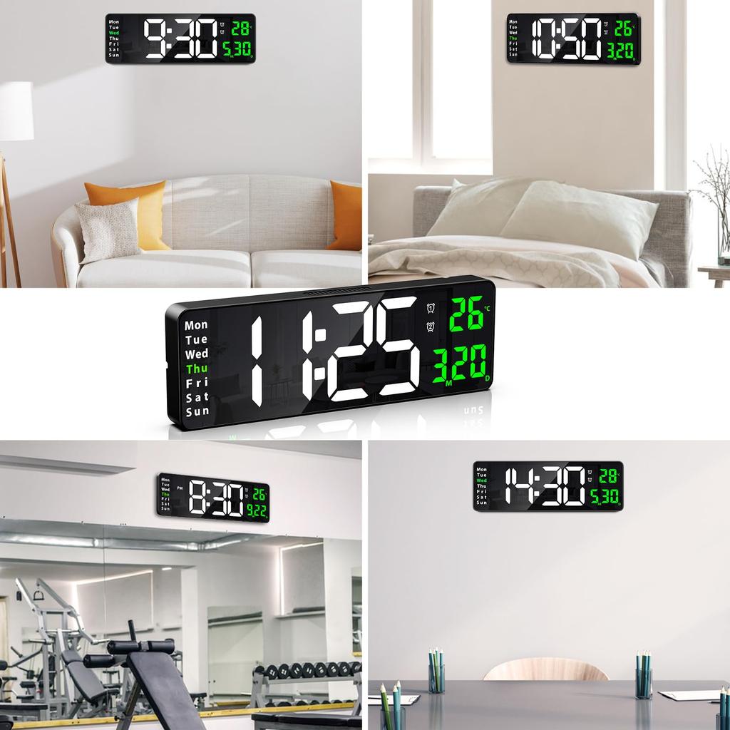 Digitaler LED-Wecker, Schreibtisch, Kalendertag, Helligkeit, groß, 2 Alarme, doppelt, laut, USB-Energie für grüne Uhr, Uhr, Uhrzeit, Datum, Woche, Temperatur,