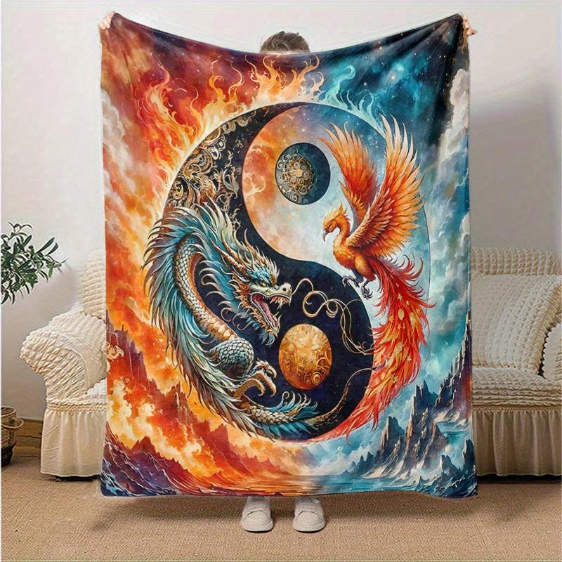 1pc Dragon and Phoenix in Cosmic Balance Blanket Seasonal Universal Home Decorative, Living Room, Travel, Camping, Car Blankets