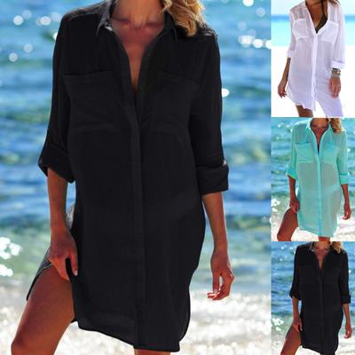 Crinkle Stoff Zwei Taschen Verdeckter Knopf Bikini Jacke Shirt Badeanzug Frauen
