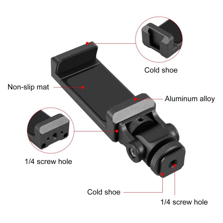 PULUZ Tripod Head Cold Shoes Aluminum Alloy Phone Clamp Holder Bracket (Black)