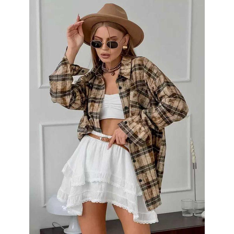 Fashion Long Sleeves Loose Plaid Shirt Autumn Pocket Gingham Shirt Loose Plaid Pocket Shirt