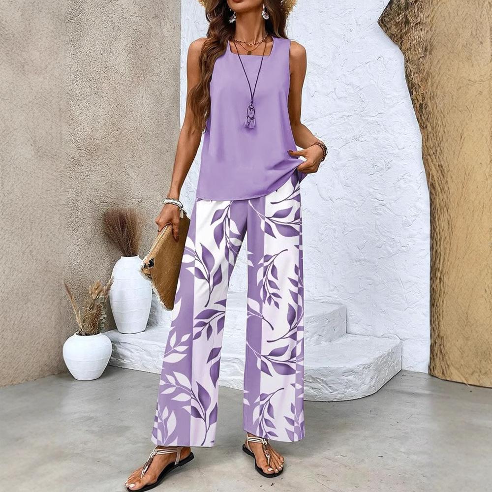 Women's Casual Square Collar Pullover Vest with Long Pants, Digital Printed Women's Two-piece Set