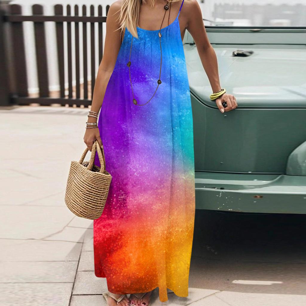 Dámské Módní Ležérní Volné Šaty s Květinovým Potiskem a Úzkými Ramínky Bez Zad