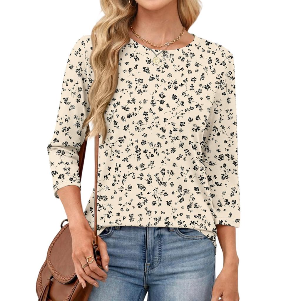 343/4 Sleeve Shirts For Women Cute Print Graphic Tees Blouses Casual Plus Size Basic Tops Pullover