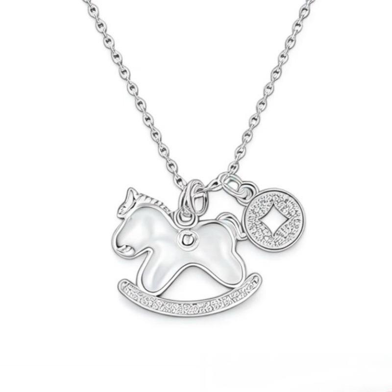 

925 Sterling Silver Horse Pendant Necklace with Mother - of - Pearl and Cubic Zirconia , Zodiac Charm 925 золотий