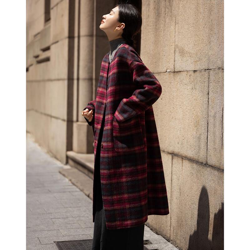 Demana Women's Plaid Double-Sided Wool Blend Winter Coat with Tassel Scarf