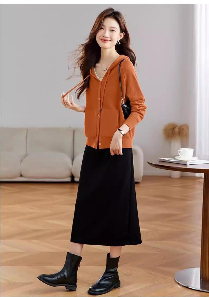 2026 Spring/Autumn Women's Hooded Knit Cardigan - Casual Loose Fit, Slimming Sweater Jacket