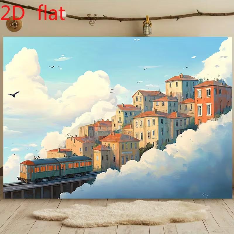 2D Sky Town Train Watercolor Photography Background Banner 47.2x31.5inch/120*80cm