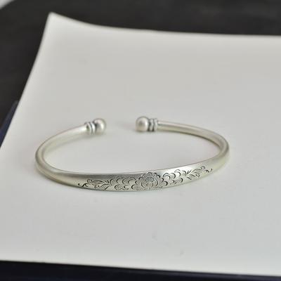 Zuyin 999 Retro Palace Style Carved Peony Flower Open Bracelet Female Pure Silver Art Young Student Band