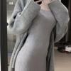 Gray 2 Piece Dress Set Women Casual Long Sleeve Cardigan Bodycon Strap Sweater Dress Evening Party Knitted Suit 2023 Winter