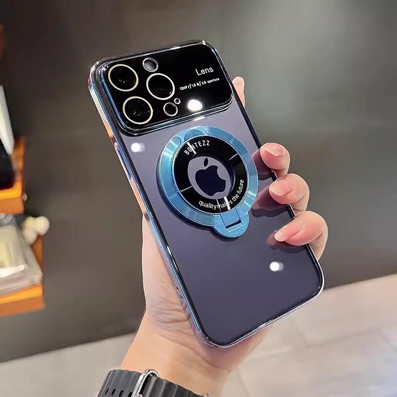 Large Window Magnetic Stand Suitable for IPhone15 Full Cover Phone Case Transparent Apple 14 Pro Electroplated Protective Case