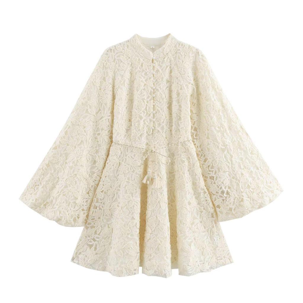 2024 Winter Women's European & American Fashion: Simple Lace Tassel Tie Dress