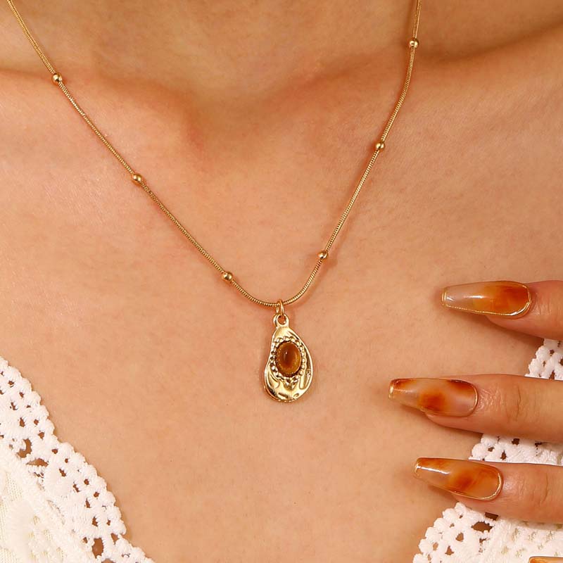 iF ME 5PCS Vintage Brown Opal Pendant Necklaces for Women Maillard Gold Color Metal Geometric Choker Necklaces Y2K Jewelry Accessories