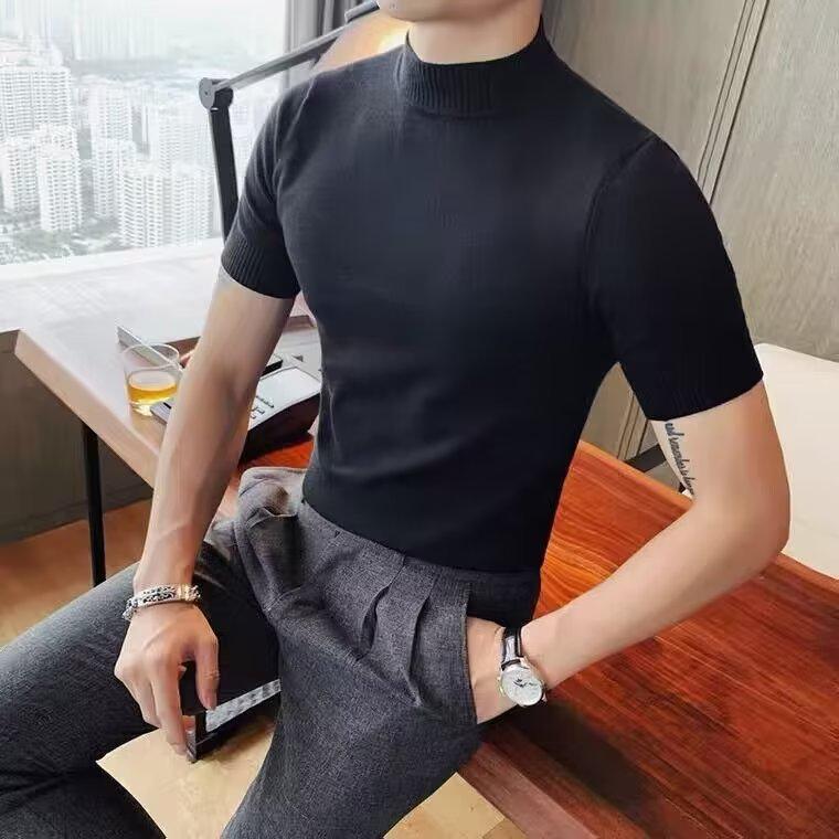 

2024 Trendy Men s Semi-High Neck Short Sleeve Knit Pullover XL темно-сірий