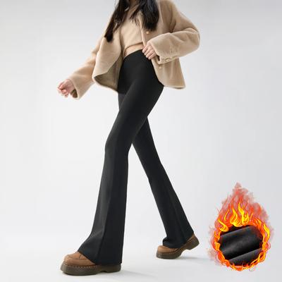 Autumn Winter Thin Fleece Sharkskin Micro Flared Pants Leggings Women Elastic High Waist Slim Warm Horseshoe Pants