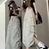 Women's Summer American Vintage Utility Skirt - Drawstring Casual A-Line Midi Skirt with Design-Forward Slit for Students