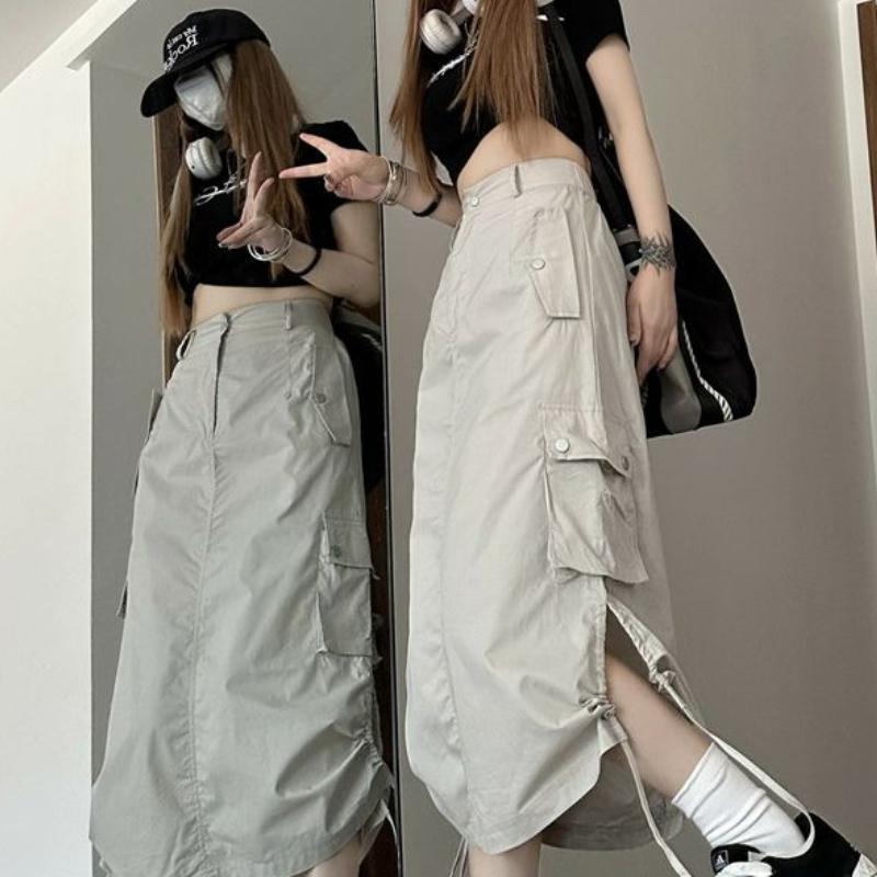Women's Summer American Vintage Utility Skirt - Drawstring Casual A-Line Midi Skirt with Design-Forward Slit for Students