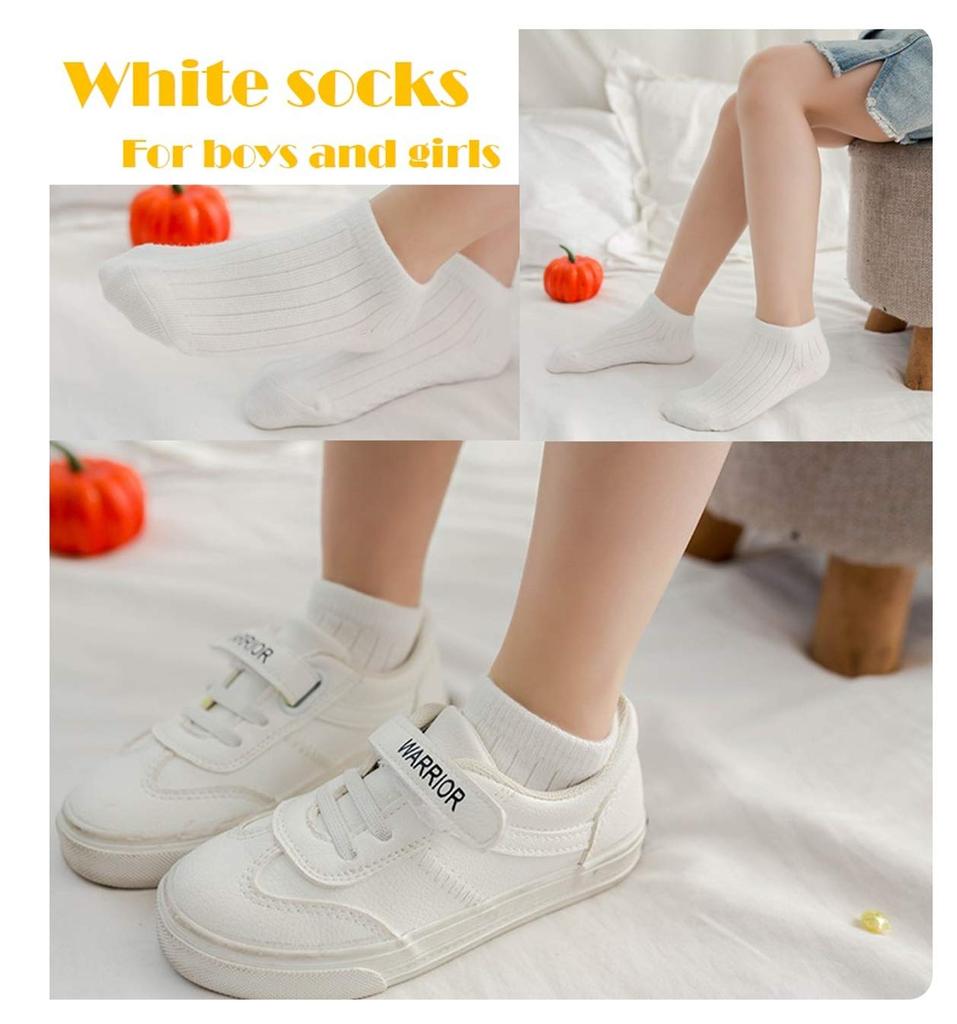 YuMEET School Simple Sizes 5 L Socks, Unisex, Kids, 100% Cotton, Striped, Plain, Cute, Girls, 5-Pair Set, 19-22cm, White, Short, Pairs,