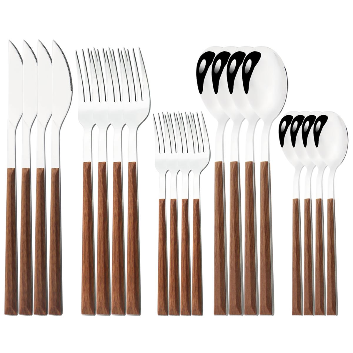 

20 шт., нож, вилка, ложки, столовая посуда, набор столовых приборов с имитацией деревянной ручки, посуда из нержавеющей стали, столовые приборы в западном стиле коричневый