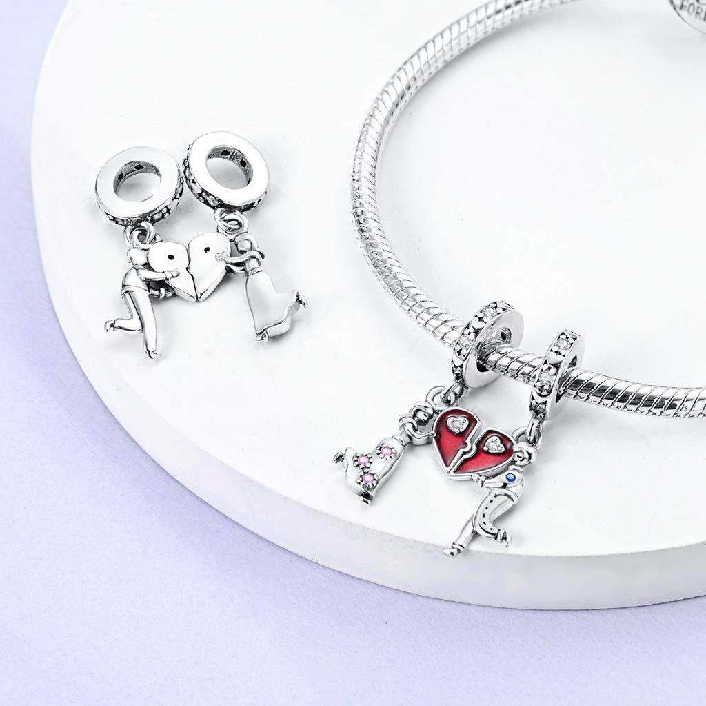 Silver Plated Valentine Love Couple Friendship Sisters Charms Beads for DIY Bracelet Jewelry Making Gift