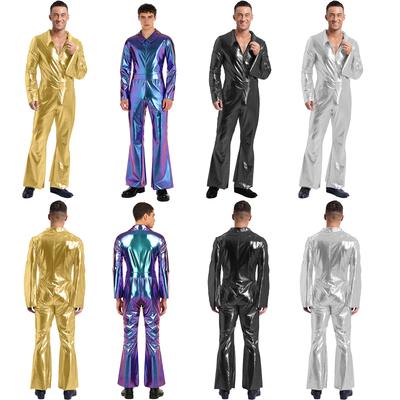 Mens Vintage Disco Costume Metallic Shiny Jumpsuit Flare Sleeve Wide Leg Pants One Piece Romper
