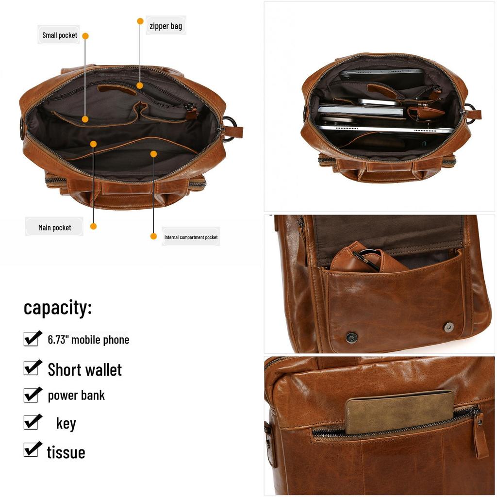 Genuine Leather Crossbody Messenger Bag - Men's Large Capacity Retro Vertical Handbag for Casual or Commute Use.