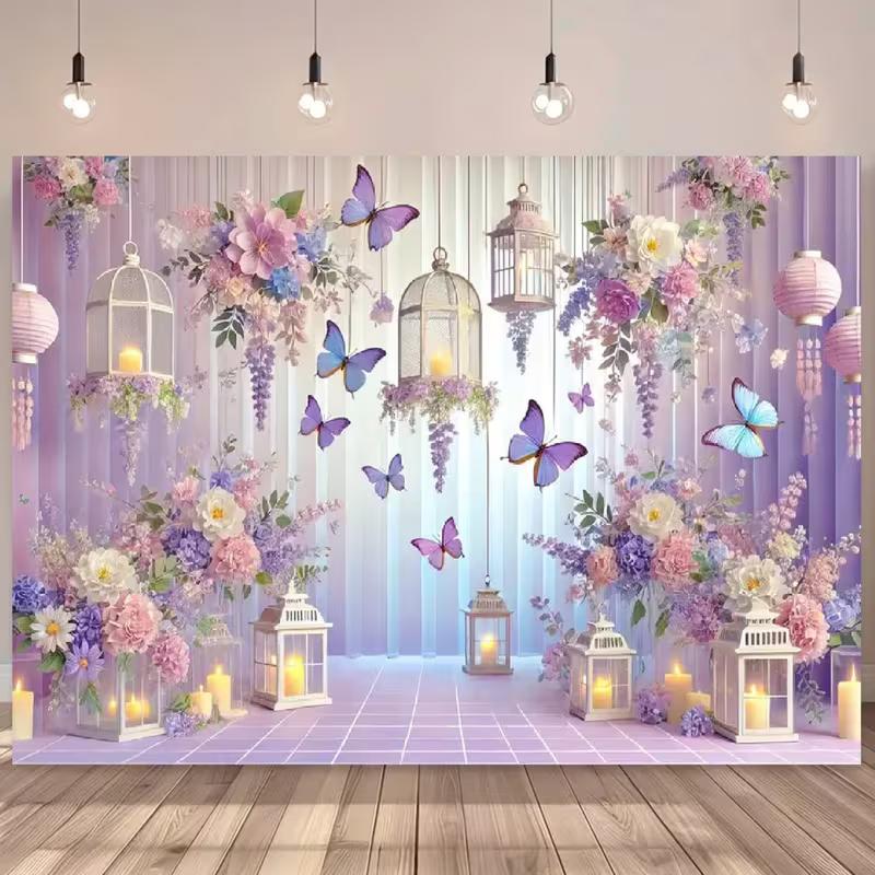 2D Romantic Pastel Floral and Lantern Backdrop Photo Booth Background 47.2x31.5inch/120*80cm