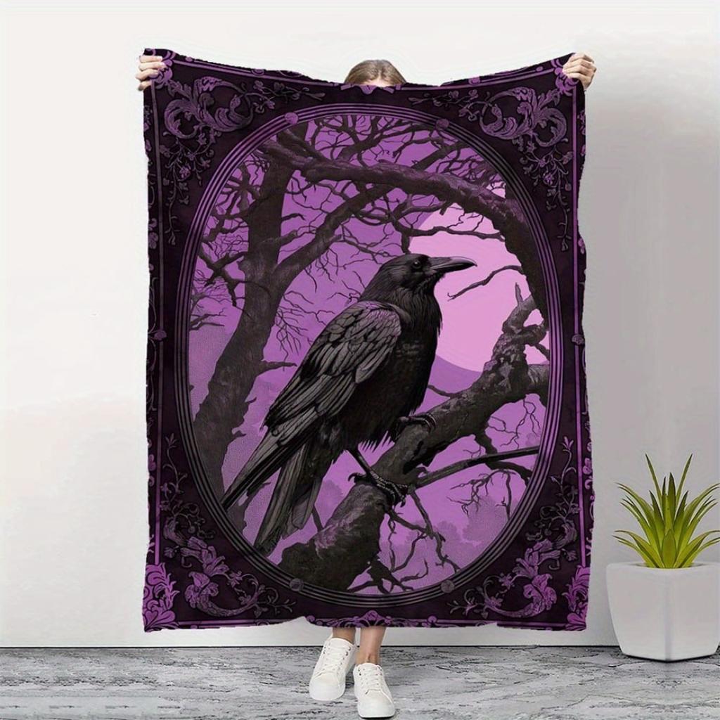 1pc Red Purple Gothic Blanket Crow  Bats Print Skin-Friendly Soft Blanket 2025 New for Gift Halloween Home Sofa Chair Decoration