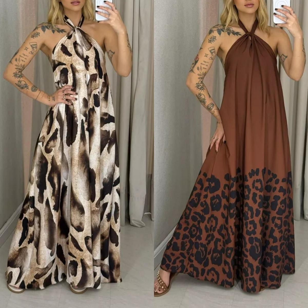 2026 European and American summer new sexy halter leopard print printed neck dress women s dress S цветной печати леопарда