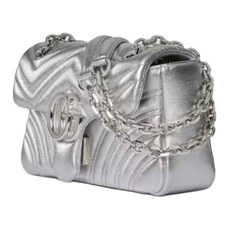 Gucci GG Marmont Double G Hardware Leather Shoulder Bag Small Women shoulder bag Silver 837280-AAFV0-8106