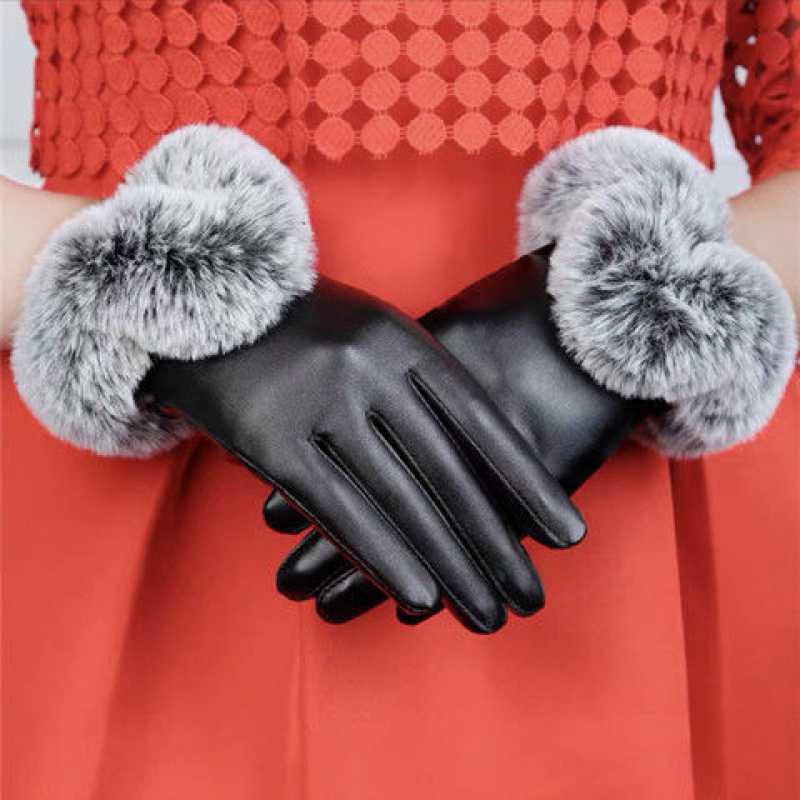 1 Pair Women Winter Warm Gloves Women Lady Black Pu Leather Gloves Autumn Winter Warm Rabbit Fur Mittens Warmth Warmer Mittens