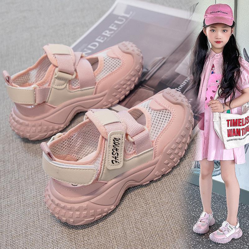 Girls' summer sports sandals 2025 new breathable hollow mesh shoes children's non-slip tire soles