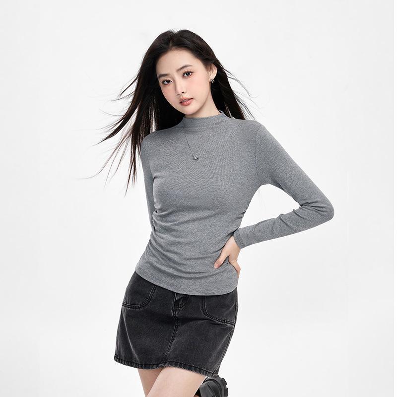 

Серая футболка с длинным рукавом во внутреннем слое осень новая облегающая плиссированная водолазка базовая рубашка женский топ XXL серый