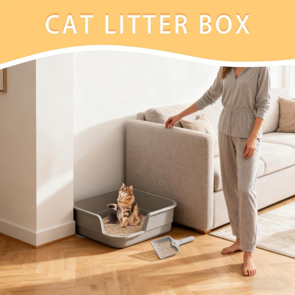 Cat Litter Box Semi-Enclosed High Sides with Scoop Open Top Semi Enclosed Litter Box for Cleaning Odor Control Indoor Office