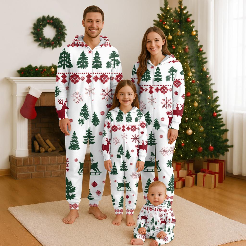 Christmas Print Family Matching Hooded Long Sleeved Zippered Jumpsuit Set