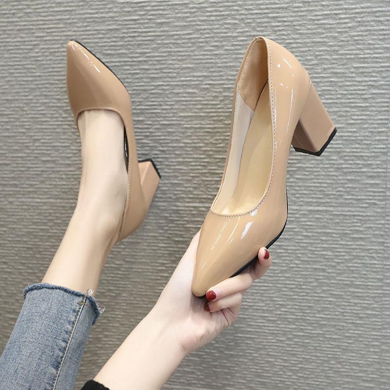 Aphixta Classics 7.5cm Square Heels Patent Leather Shoes Woman Pointed Toe Pumps Sapato Feminino Work Party Shoes Plus Size 48