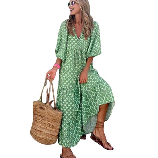 Women Dress V Neck Three Quarter Bubble Sleeve Geometric Print Loose Patchwork A-line Big Hem Flowy