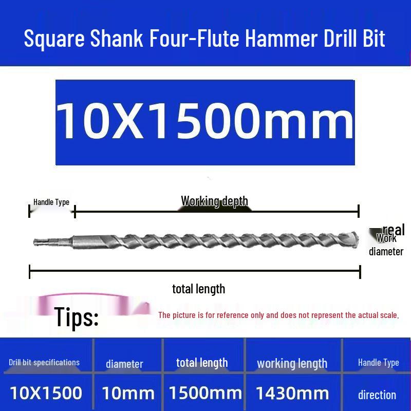 Extended Electric Hammer Drill Bit, Square & Round Shank, for Concrete Piercing - Available in 500mm to 2m Lengths
