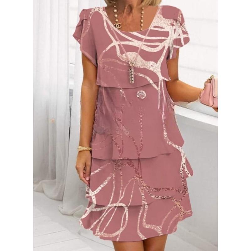 VEZFAA Women's Fashion Summer Spring Flower Pattern Print Short Sleeve O-Neck Loose Waistline Casual Dresses