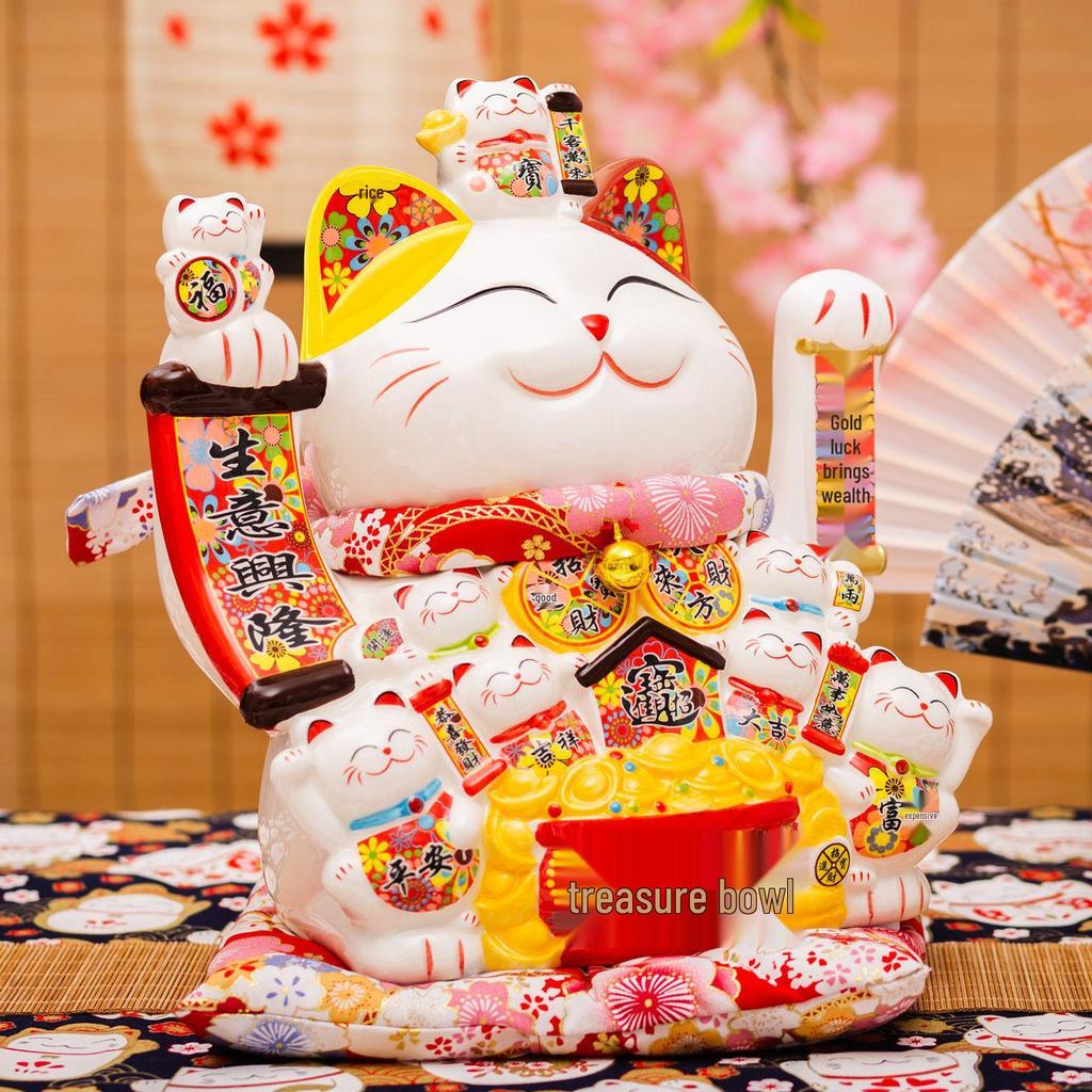 Medium Ceramic Lucky Cat Figurine with Electric Waving Paw - Prosperity Charm for Shops and Gifts